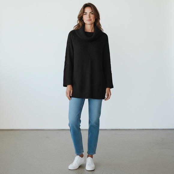 Chico's Cowl Neck Tunic Sweater Size L Black Boxy Wide Sleeves Cozy Capsule Item - Picture 2 of 11